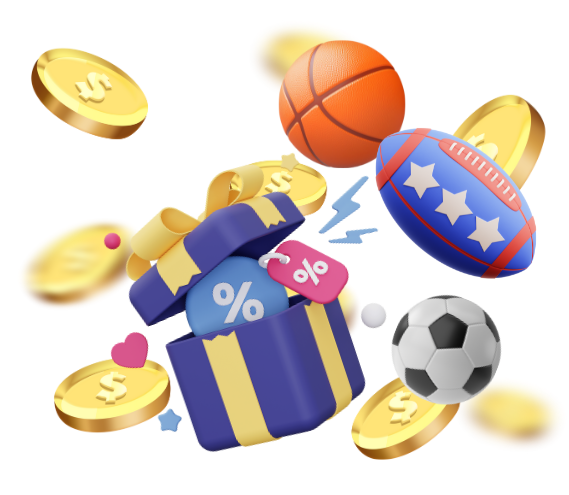 Desenho de uma caixa de presente abrindo, dela estão saindo cupons de desconto, moedas de ouro e bolas de futebol e futebol americano